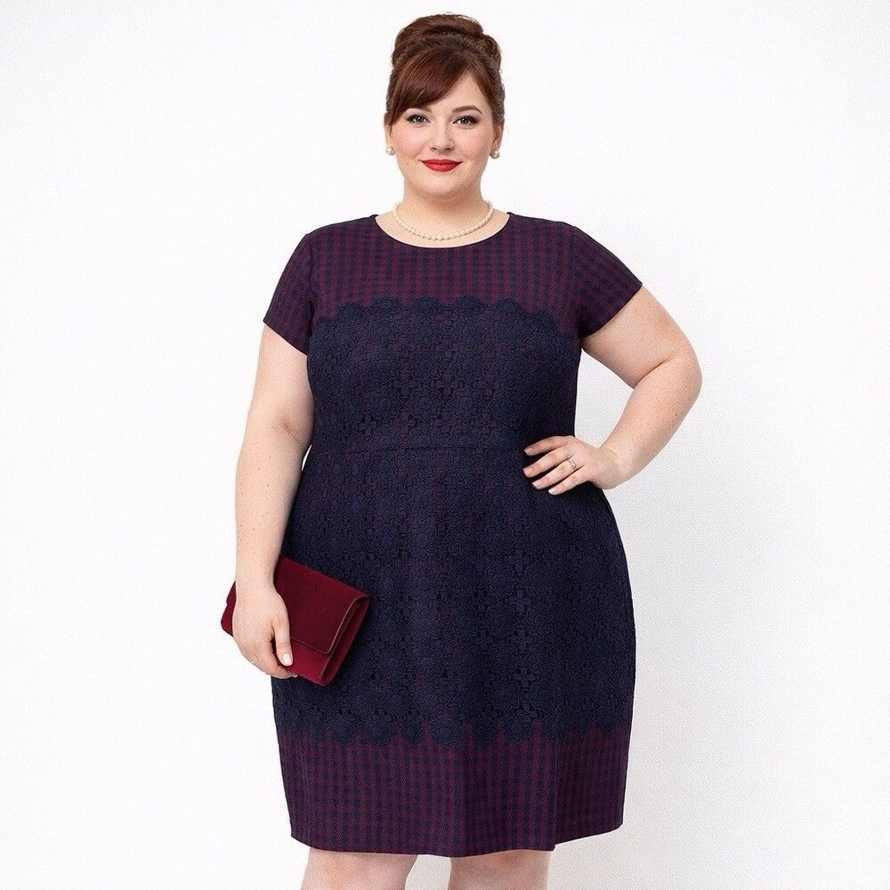 Boden British Tweed Moon Womens 18 L Dress Blue Maroon Plaid Lace 100% Wool